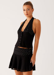 Devoted Halterneck Top - Black Polka Dot
