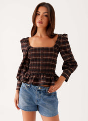 Joyce Long Sleeve Cotton Shirred Top - Chocolate Check