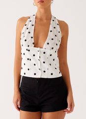 Lets Pretend Halterneck Top - White Polka Dot