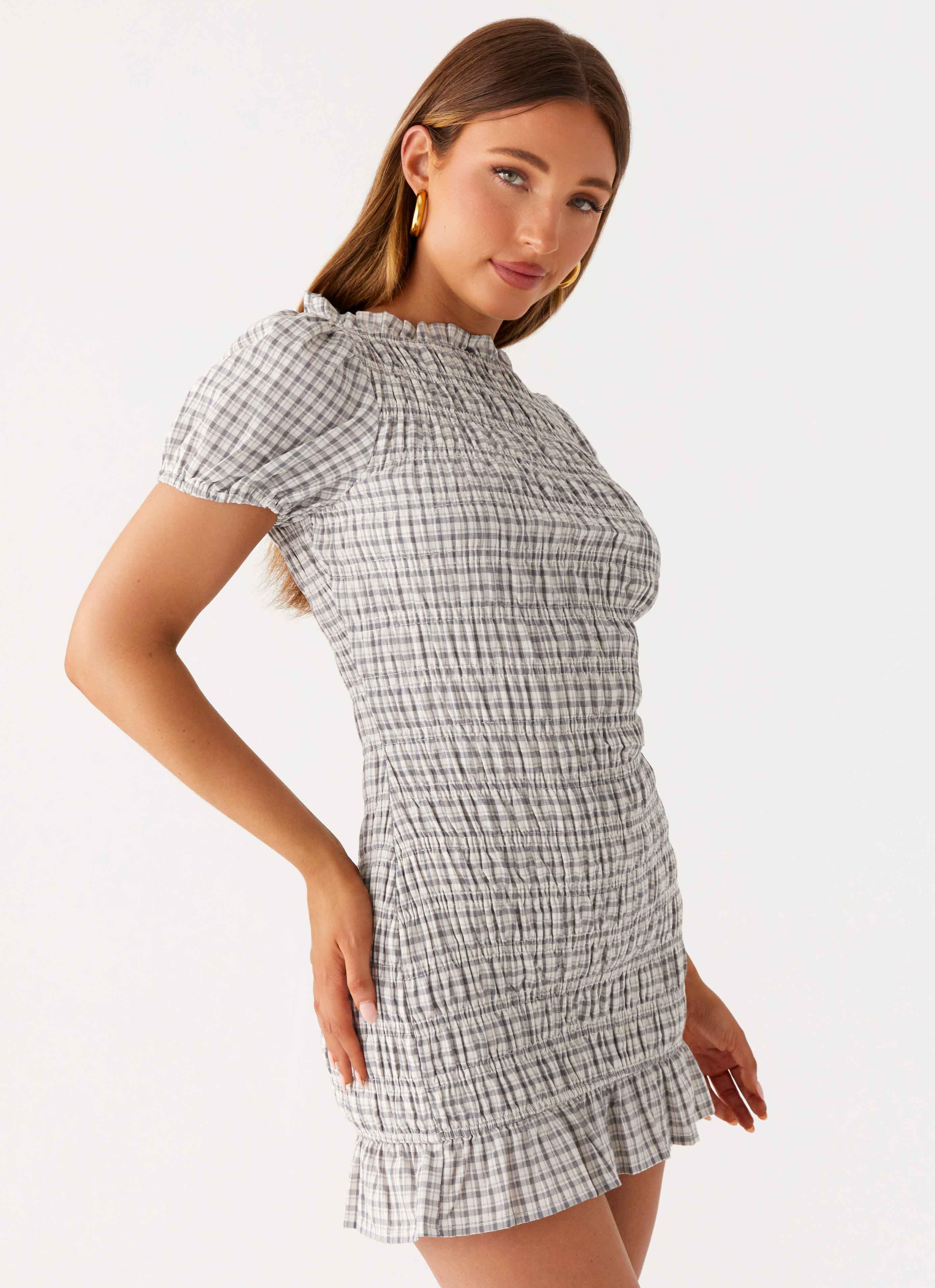 Millicent Ruched Mini Dress - Grey Check