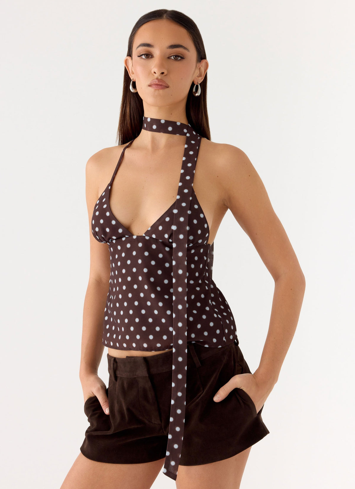 Quiero Backless Top - Chocolate Blue Dot