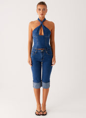 Saylor Halter Denim Top - Indigo