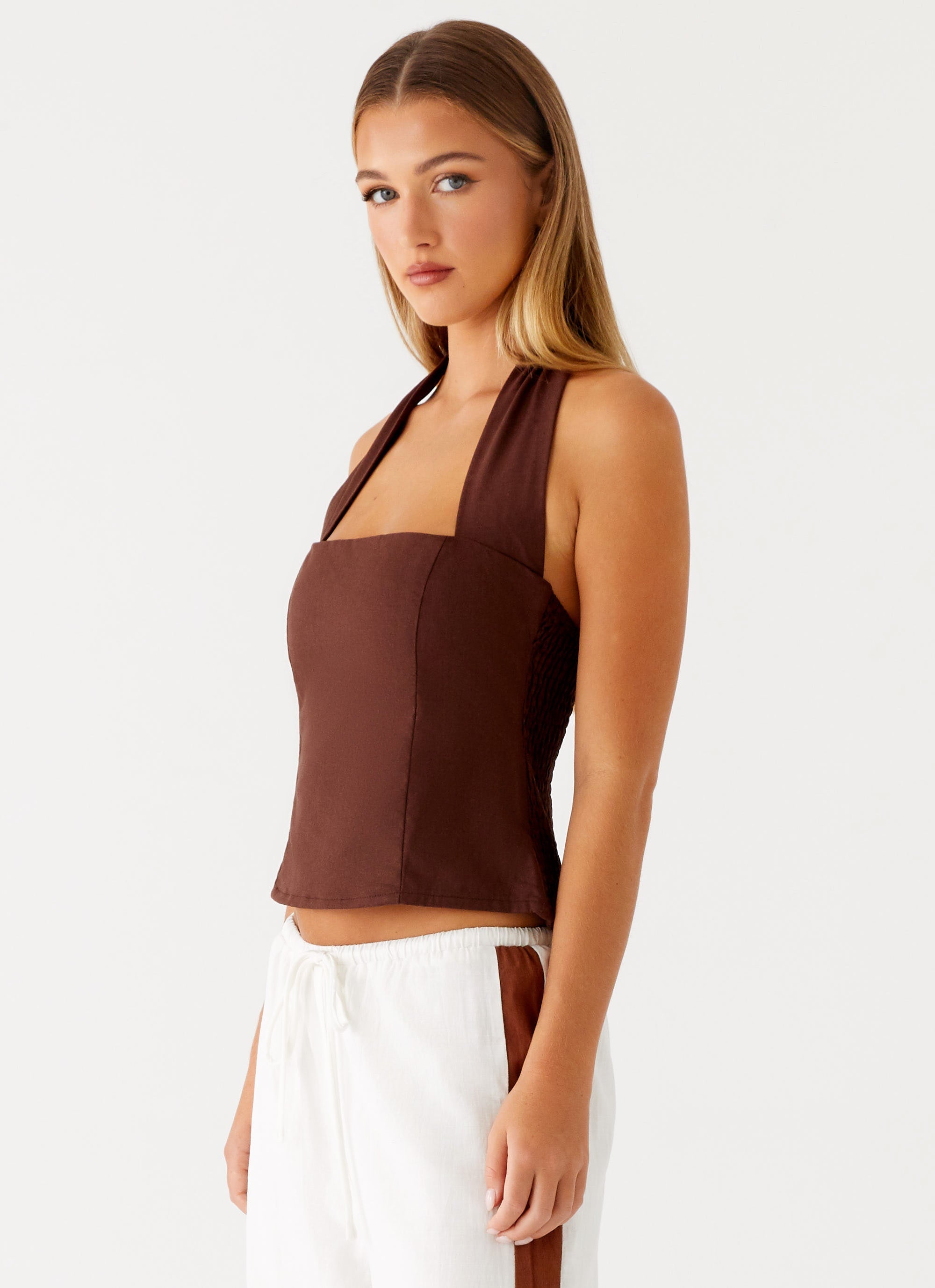 Sunflare Linen Halter Top - Chocolate